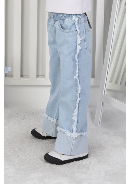 Premium Kalite Mavi Geniş Paça Jean Denim Kız Çocuk Pantolon