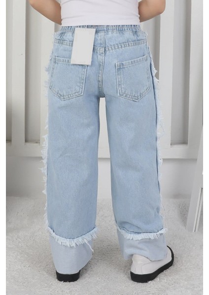 Premium Kalite Mavi Geniş Paça Jean Denim Kız Çocuk Pantolon