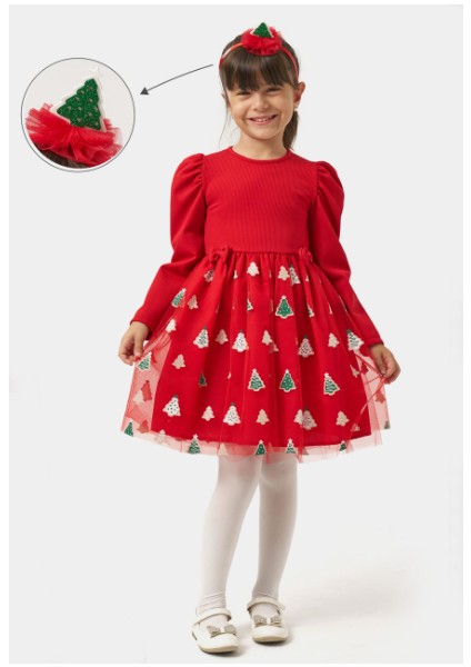 Kız Çocuk Kollu Balon Eteği Tüllü Yıllbaşı Elbisesi NBK-24921