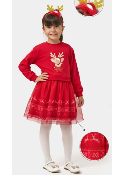 Kız Çocuk Oh Deer Tüllü Baskılı Yılbaşı Elbisesi NBK-24909