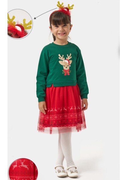 Kız Çocuk Oh Deer Tüllü Baskılı Yılbaşı Elbisesi NBK-24909