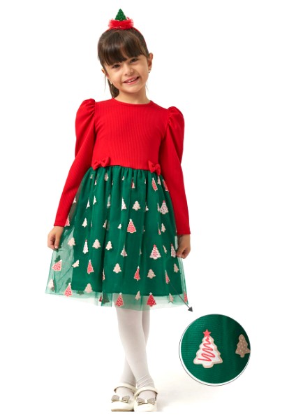 Kız Çocuk Kollu Balon Eteği Tüllü Yıllbaşı Elbisesi NBK-24921