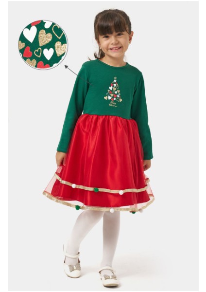 Kız Çocuk Eteği Saten Detaylı Ponponlu Yılbaşı Elbisesi NBK-24907