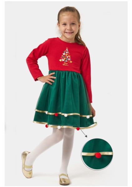 Kız Çocuk Eteği Saten Detaylı Ponponlu Yılbaşı Elbisesi NBK-24907