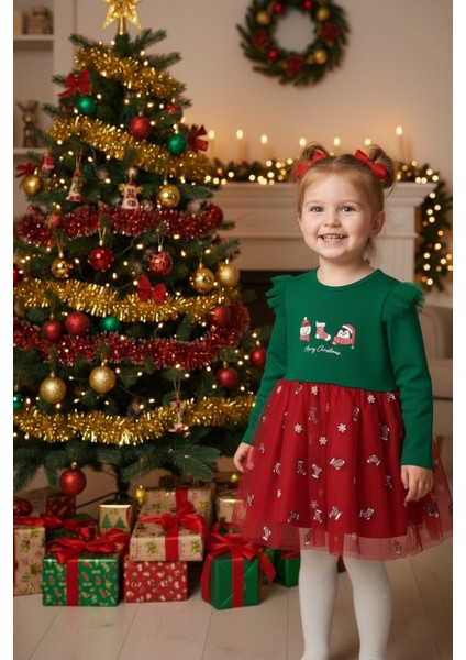 Kız Bebek Snowman And Penguın Desenli Tüllü Yılbaşı Elbisesi NBK-24915