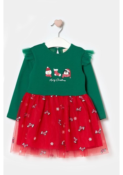 Kız Bebek Snowman And Penguın Desenli Tüllü Yılbaşı Elbisesi NBK-24915 fiyatları