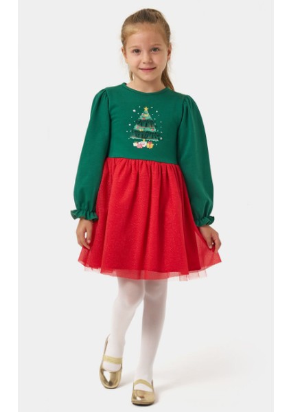Kız Çocuk Simli Tüllü Ağaçlı Yılbaşı Elbisesi NBK-24906