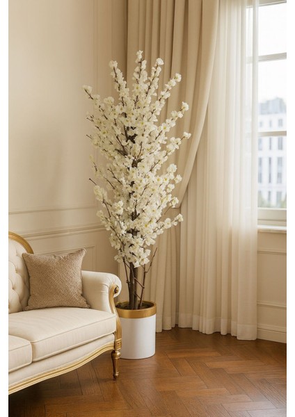 Yapay Ağaç Beyaz Kiraz Çiçeği 170 cm Lux Metal Saksı Dahil