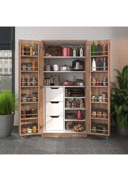 165 Derece Açılabilir 2 Kapaklı, 3 Çekmeceli, Kavanoz Raflı Kiler ve Erzak Mutfak Dolabı