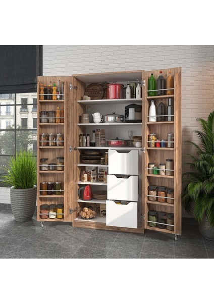 165 Derece Açılabilir 2 Kapaklı, 3 Çekmeceli, Kavanoz Raflı Kiler ve Erzak Mutfak Dolabı fiyatları