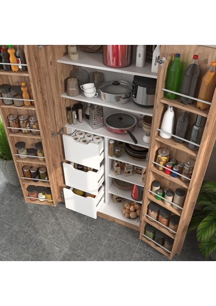 165 Derece Açılabilir 2 Kapaklı, 3 Çekmeceli, Kavanoz Raflı Kiler ve Erzak Mutfak Dolabı modelleri