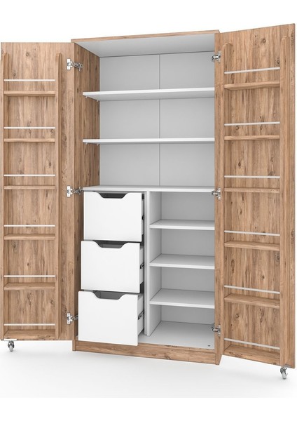 165 Derece Açılabilir 2 Kapaklı, 3 Çekmeceli, Kavanoz Raflı Kiler ve Erzak Mutfak Dolabı