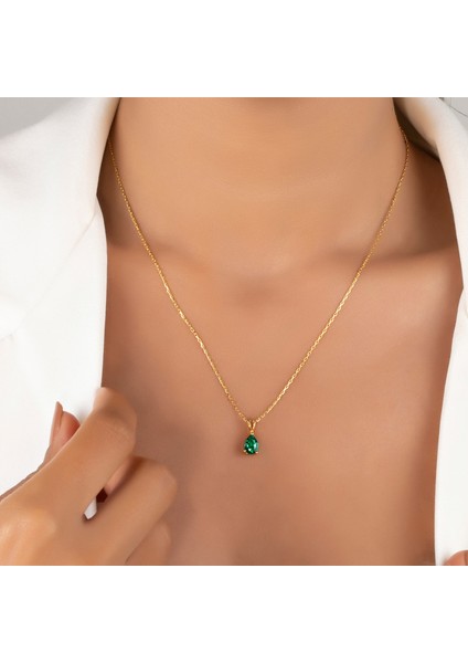 925 Ayar Gümüş Zümrüt Damla Kolye - 14 Ayar Altın Kaplama - Kadınlar Için Doğum Günü ve Özel Gün Hedıyeler fiyatları