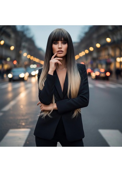 Düz Perçemli Uzun Fiber Sentetik Peruk - Küllü Siyah / Balköpüğü Ombreli