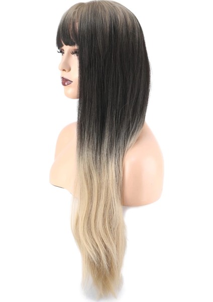 Düz Perçemli Uzun Fiber Sentetik Peruk - Küllü Siyah / Balköpüğü Ombreli fırsatları