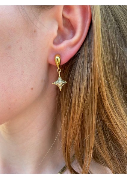 Gömme Zirkon Sallantılı Yıldız Detay Gold Çelik Kolye