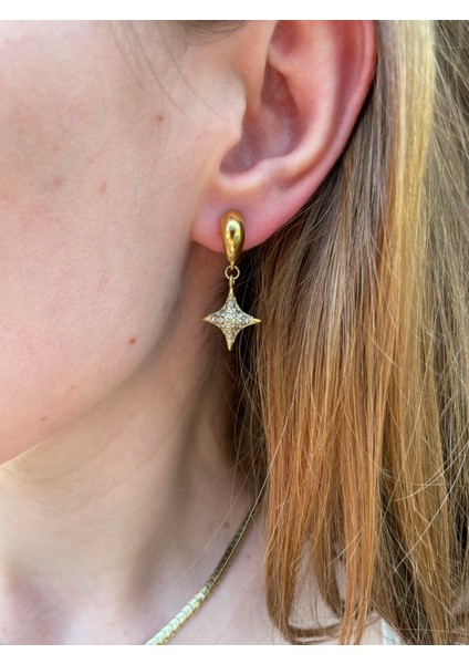 Gömme Zirkon Sallantılı Yıldız Detay Gold Çelik Kolye fiyatları