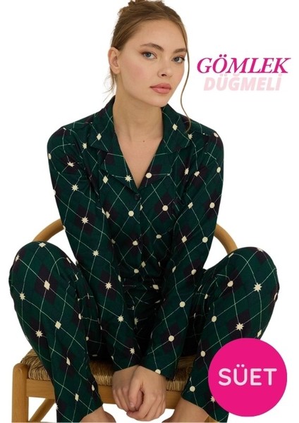 Kadın Gömlek Yaka Önden Düğmeli Saten Biyeli Göğüs Cepli Ince Süet Kışlık Uzun Kol Pijama Takımı