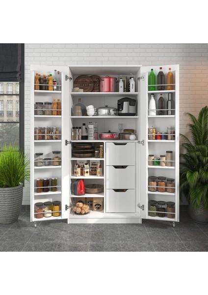 165 Derece Açılabilir 2 Kapaklı, 3 Çekmeceli, Kavanoz Raflı Kiler ve Erzak Mutfak Dolabı