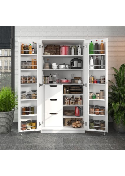 165 Derece Açılabilir 2 Kapaklı, 3 Çekmeceli, Kavanoz Raflı Kiler ve Erzak Mutfak Dolabı fiyatları