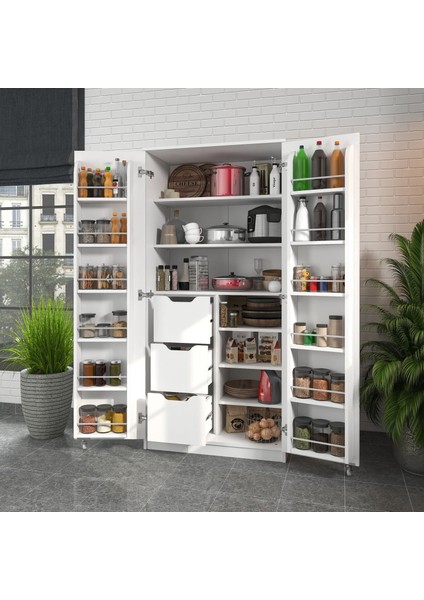 165 Derece Açılabilir 2 Kapaklı, 3 Çekmeceli, Kavanoz Raflı Kiler ve Erzak Mutfak Dolabı modelleri