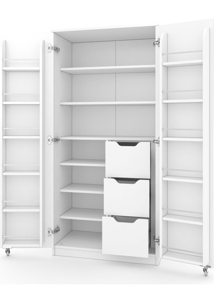 165 Derece Açılabilir 2 Kapaklı, 3 Çekmeceli, Kavanoz Raflı Kiler ve Erzak Mutfak Dolabı