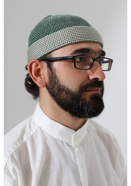 Erkek Kışlık Orlon Katlamalı Namaz Takkesi – Nokta Desenli - Yeşil