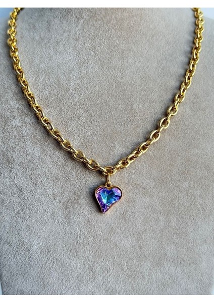 Zincir Mor Kalp Gold Çelik Kolye