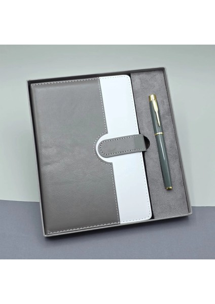 Gri Kutulu Deri Defter Roller Kalem Set