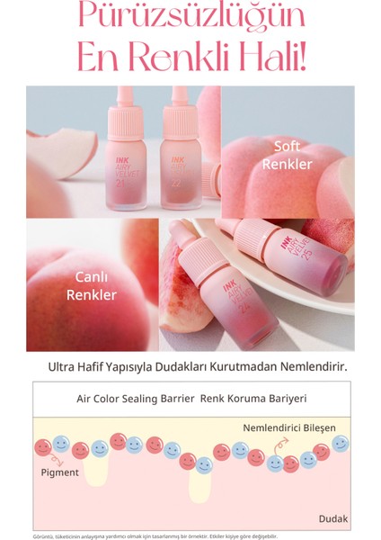 Uzun Süre Kalıcı ve Hafif Formüllü, Kadife Bitişli Tint PERIPERA Ink Airy Velvet (22 Center Peach)