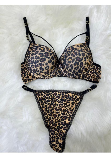 Leopar Desenli Kalp Aksesuarlı Destekli Kadın Sütyen ve Tanga Takımı