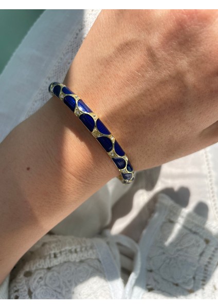 Navy Blue Mine Işlemeli Gold Çelik Bileklik modelleri