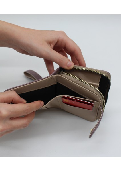 Elcikli Bozuk Para Gözlü Bol Kartlıklı Siyah Mini Kadın Cüzdanı