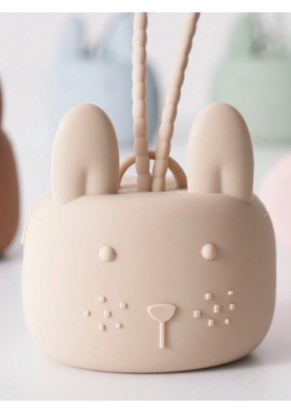 Silikon Emzik Saklama Kutusu Emzik Tutucu Taşınabilir Askılı Tavşan Desenli Krem