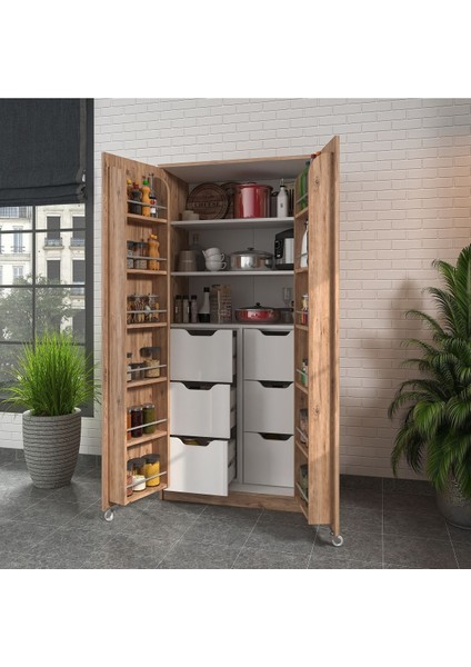 90 Derece Açılabilir 2 Kapaklı, 6 Çekmeceli, Kavanoz Raflı Kiler ve Erzak Mutfak Dolabı