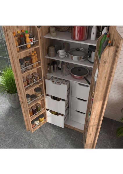 90 Derece Açılabilir 2 Kapaklı, 6 Çekmeceli, Kavanoz Raflı Kiler ve Erzak Mutfak Dolabı fiyatları