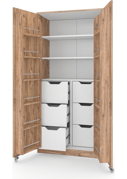 90 Derece Açılabilir 2 Kapaklı, 6 Çekmeceli, Kavanoz Raflı Kiler ve Erzak Mutfak Dolabı fırsatları