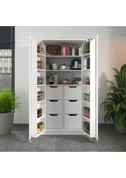 90 Derece Açılabilir 2 Kapaklı, 6 Çekmeceli, Kavanoz Raflı Kiler ve Erzak Mutfak Dolabı