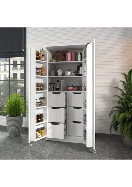 90 Derece Açılabilir 2 Kapaklı, 6 Çekmeceli, Kavanoz Raflı Kiler ve Erzak Mutfak Dolabı fiyatları