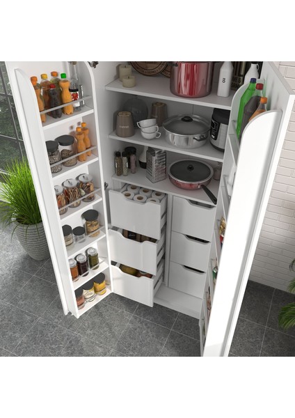 90 Derece Açılabilir 2 Kapaklı, 6 Çekmeceli, Kavanoz Raflı Kiler ve Erzak Mutfak Dolabı modelleri