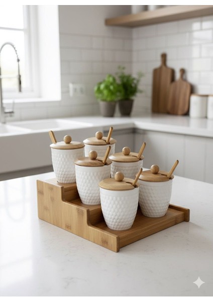 Modern Bambu Standlı 6'lı Porselen Baklava Desenli Baharatlık Seti Kaşıklı