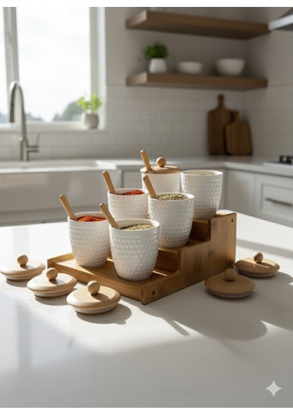 Modern Bambu Standlı 6'lı Porselen Baklava Desenli Baharatlık Seti Kaşıklı fiyatları