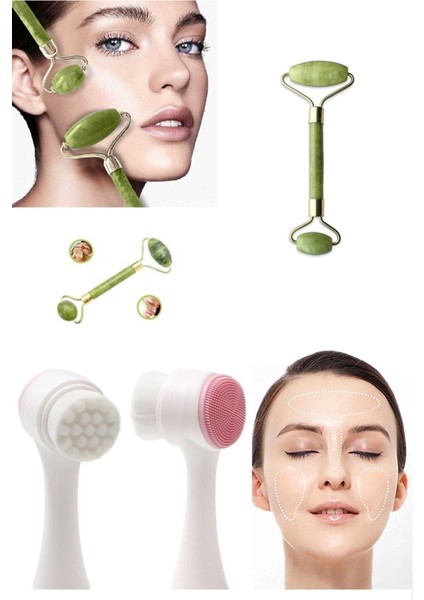 2'li Set Çift Taraflı Cilt Temizleme Fırçası Ve Yeşim Taşı Çift Taraflı Cilt Masaj Aleti