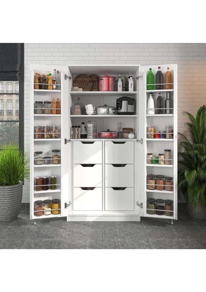 165 Derece Açılabilir 2 Kapaklı, 6 Çekmeceli, Kavanoz Raflı Kiler ve Erzak Mutfak Dolabı