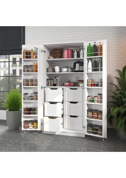 165 Derece Açılabilir 2 Kapaklı, 6 Çekmeceli, Kavanoz Raflı Kiler ve Erzak Mutfak Dolabı fiyatları