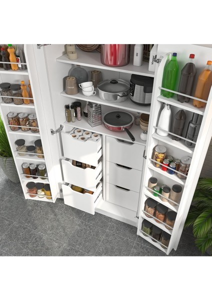 165 Derece Açılabilir 2 Kapaklı, 6 Çekmeceli, Kavanoz Raflı Kiler ve Erzak Mutfak Dolabı modelleri