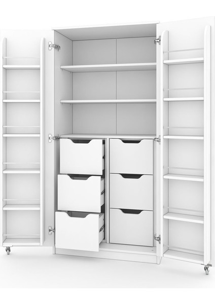 165 Derece Açılabilir 2 Kapaklı, 6 Çekmeceli, Kavanoz Raflı Kiler ve Erzak Mutfak Dolabı