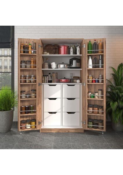 165 Derece Açılabilir 2 Kapaklı, 6 Çekmeceli, Kavanoz Raflı Kiler ve Erzak Mutfak Dolabı