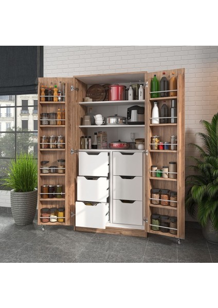 165 Derece Açılabilir 2 Kapaklı, 6 Çekmeceli, Kavanoz Raflı Kiler ve Erzak Mutfak Dolabı fiyatları
