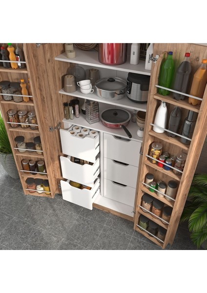 165 Derece Açılabilir 2 Kapaklı, 6 Çekmeceli, Kavanoz Raflı Kiler ve Erzak Mutfak Dolabı modelleri